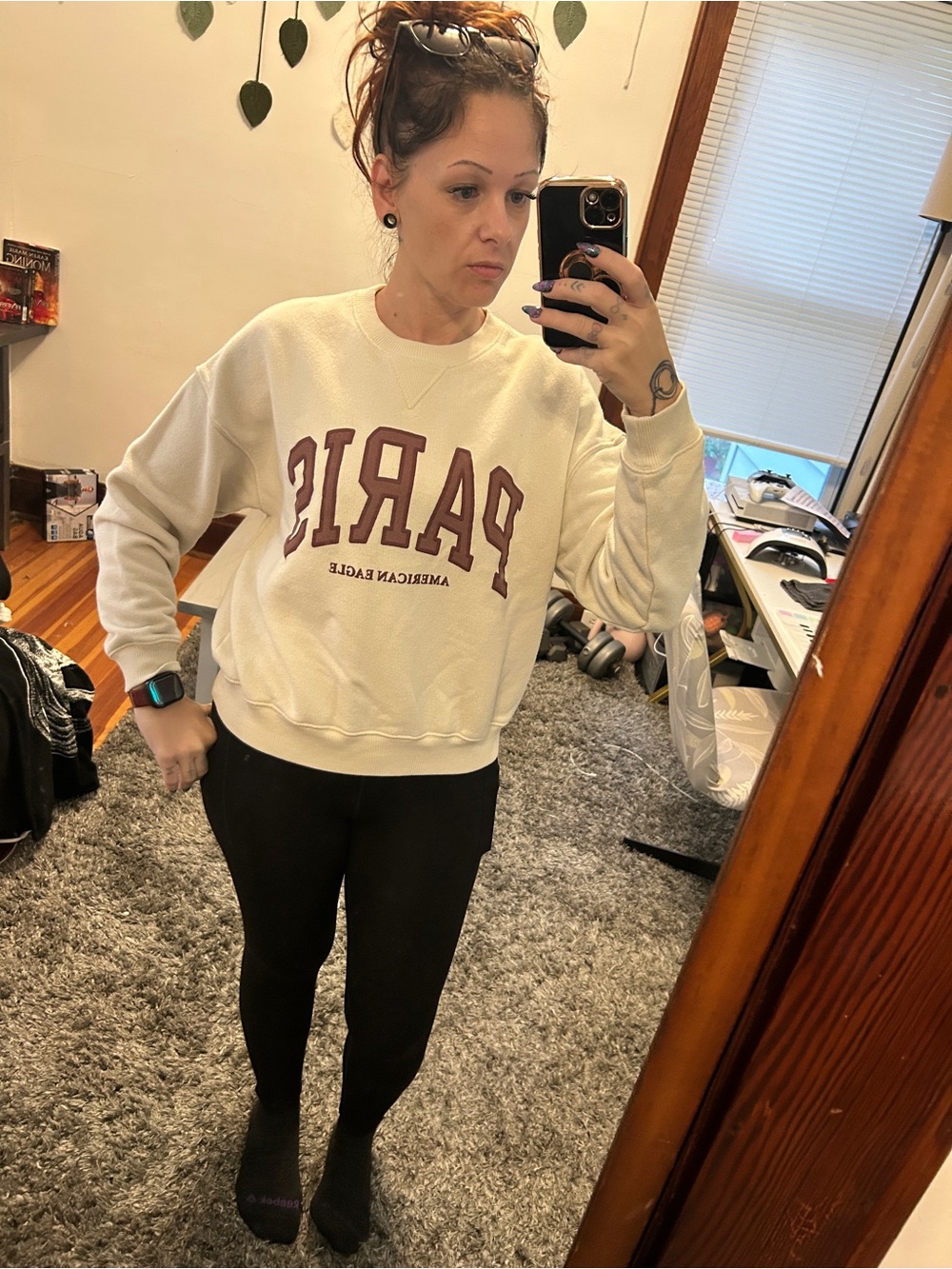 American Eagle Outfitters Cream Sweatshirt with Burgundy PARIS Graphic